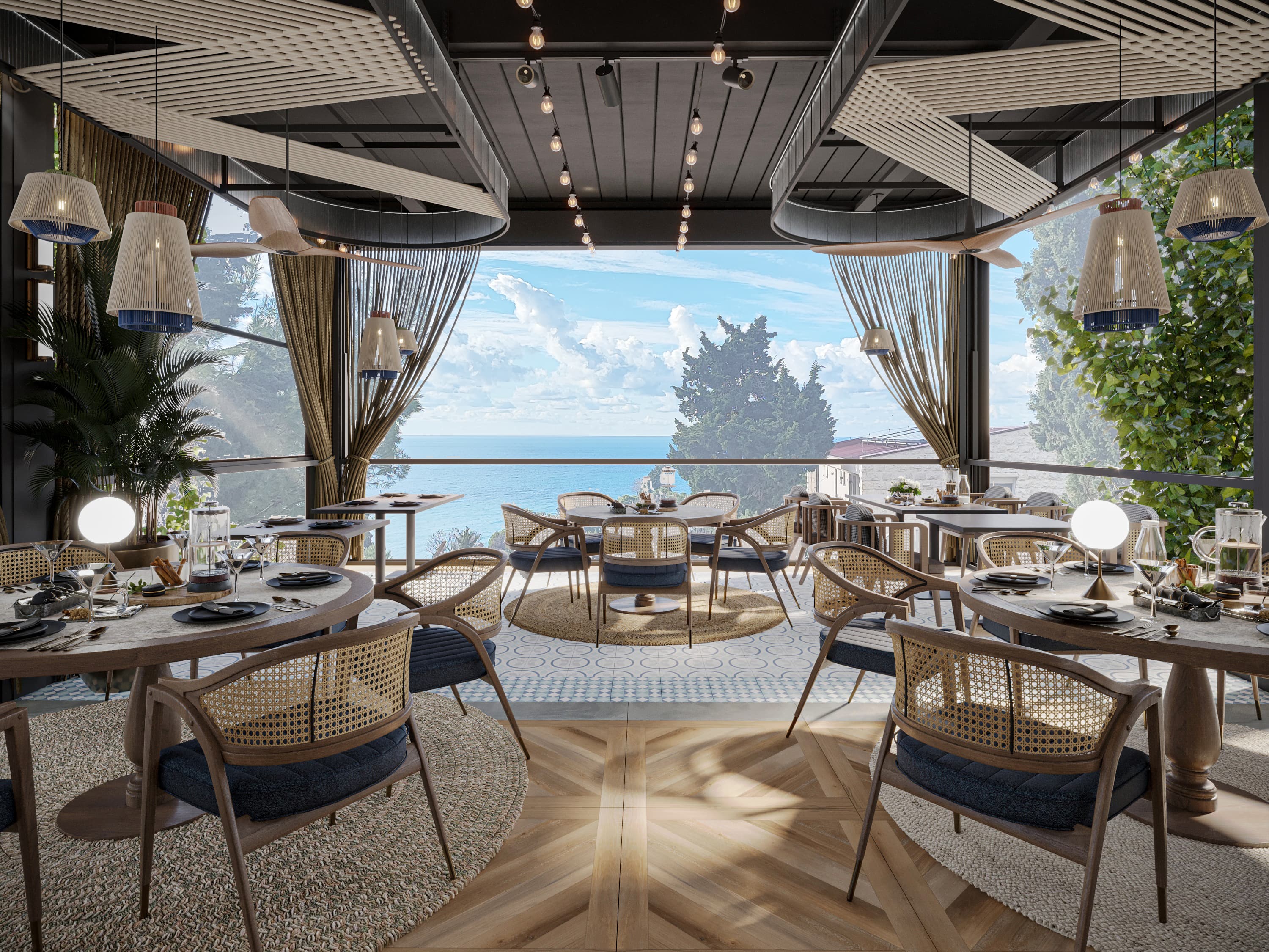 KALO on the Adriatic coast at dusk — architectural rendering